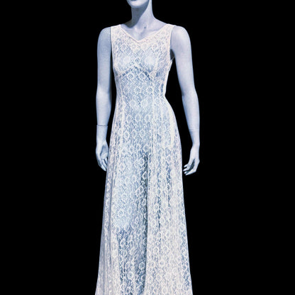 1940s vintage wedding bridal dress, white see through lace sheath full length gown with train