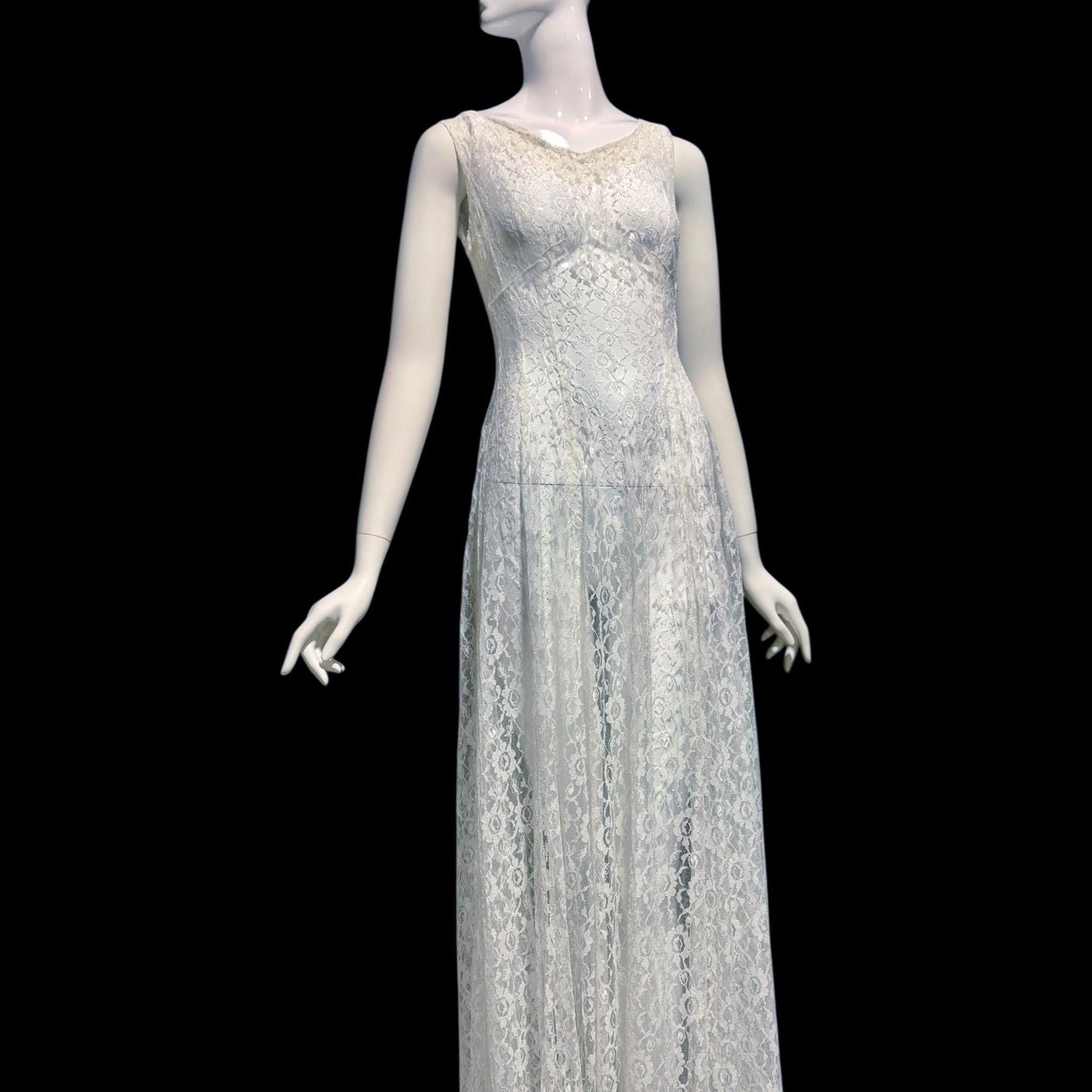 1940s vintage wedding bridal dress, white see through lace sheath full length gown with train