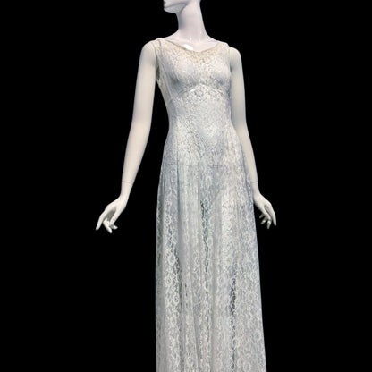 1940s vintage wedding bridal dress, white see through lace sheath full length gown with train