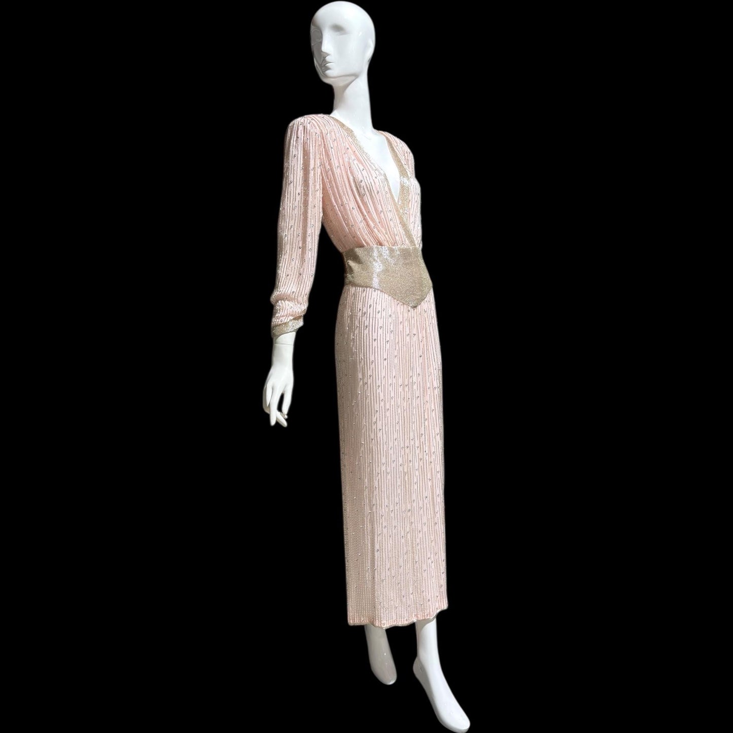 1980s Vintage evening dress gown, Powder Pink silk long sleeve beaded gown, Deep V