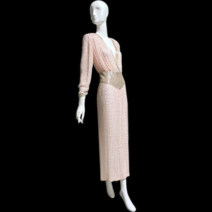 1980s Vintage evening dress gown, Powder Pink silk long sleeve beaded gown, Deep V