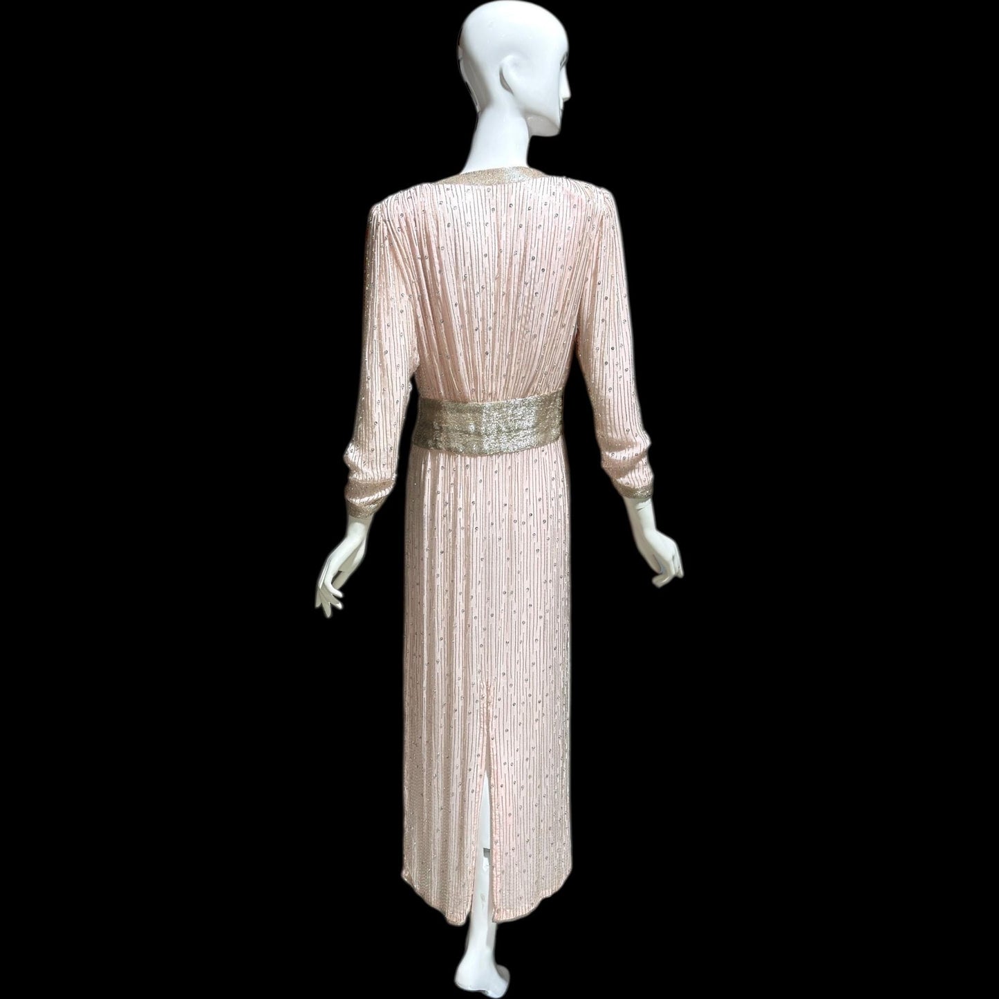 1980s Vintage evening dress gown, Powder Pink silk long sleeve beaded gown, Deep V