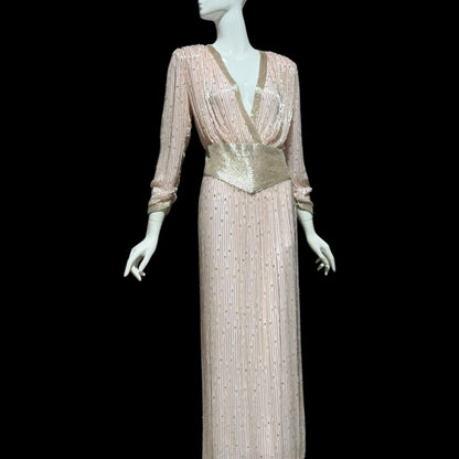 1980s Vintage evening dress gown, Powder Pink silk long sleeve beaded gown, Deep V