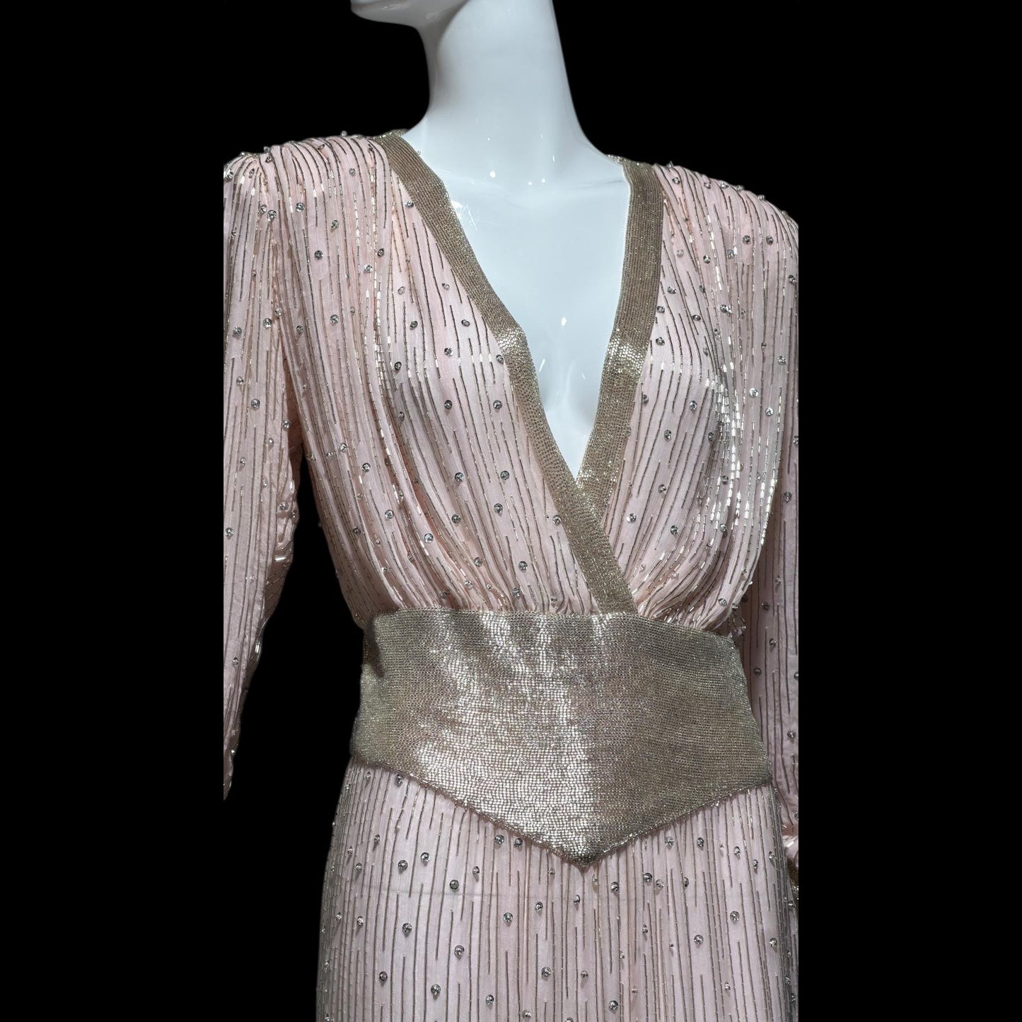 1980s Vintage evening dress gown, Powder Pink silk long sleeve beaded gown, Deep V