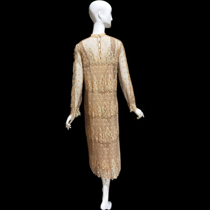 RINA di MONTELLA, vintage 1970s evening cocktail dress, silk lace high neck sequins beads