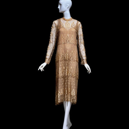 RINA di MONTELLA, vintage 1970s evening cocktail dress, silk lace high neck sequins beads