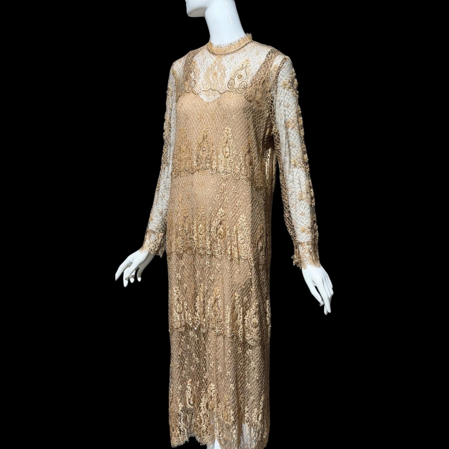 RINA di MONTELLA, vintage 1970s evening cocktail dress, silk lace high neck sequins beads