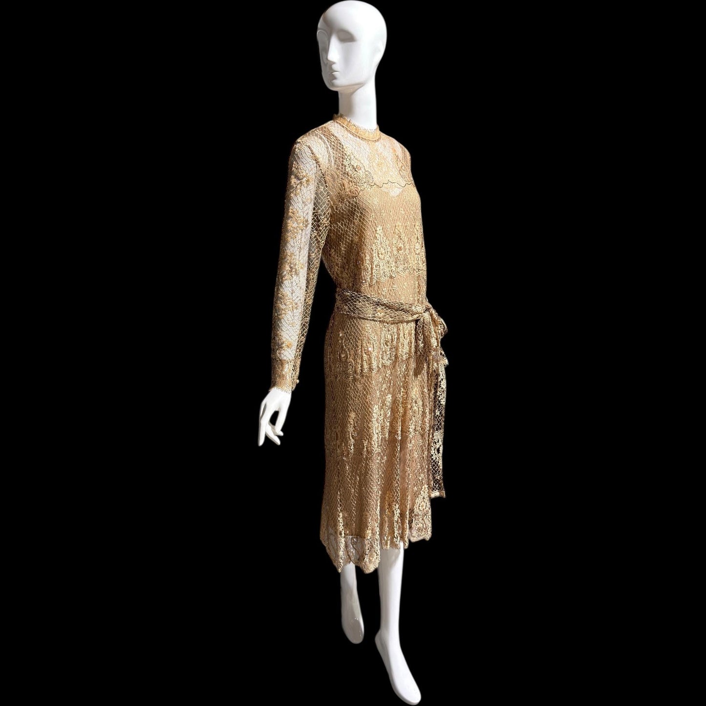 RINA di MONTELLA, vintage 1970s evening cocktail dress, silk lace high neck sequins beads