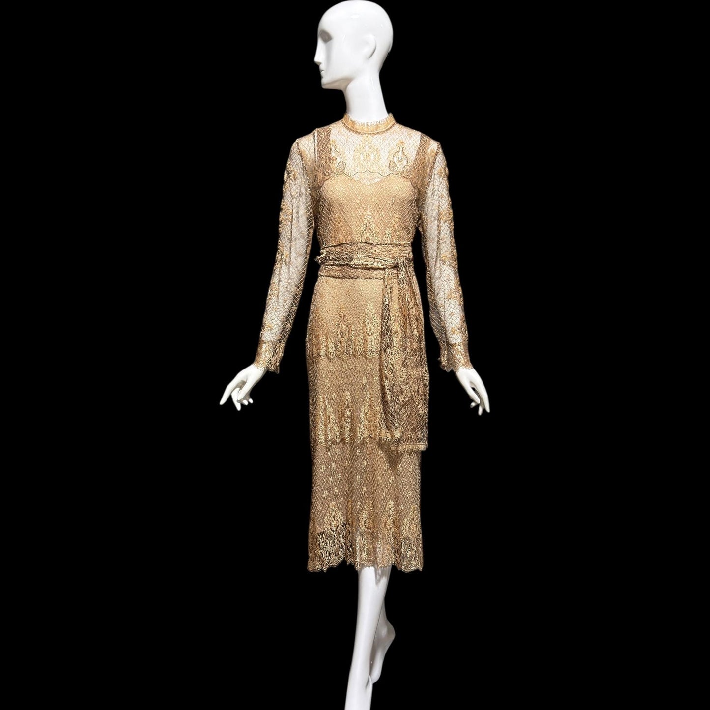 RINA di MONTELLA, vintage 1970s evening cocktail dress, silk lace high neck sequins beads