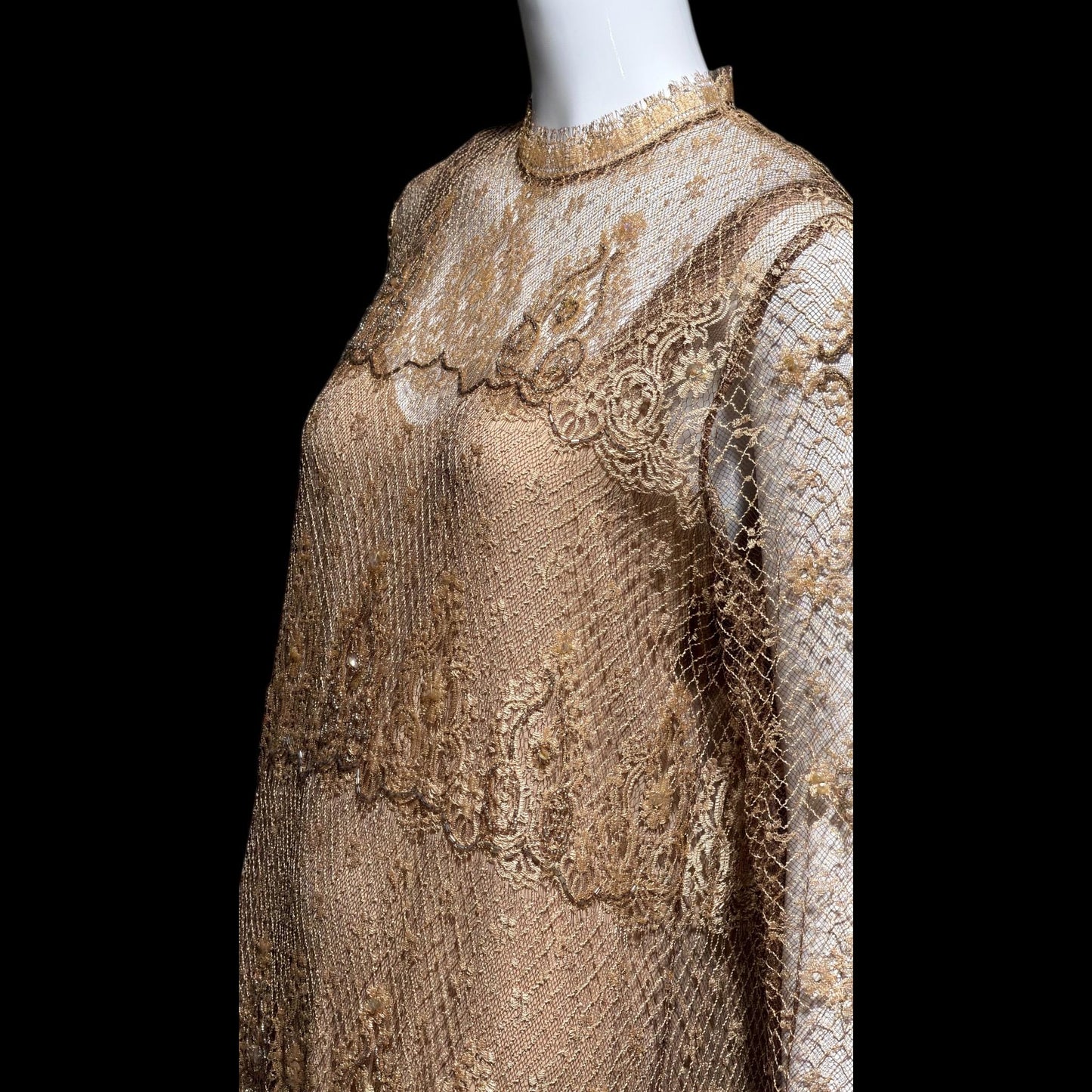 RINA di MONTELLA, vintage 1970s evening cocktail dress, silk lace high neck sequins beads