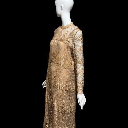 RINA di MONTELLA, vintage 1970s evening cocktail dress, silk lace high neck sequins beads
