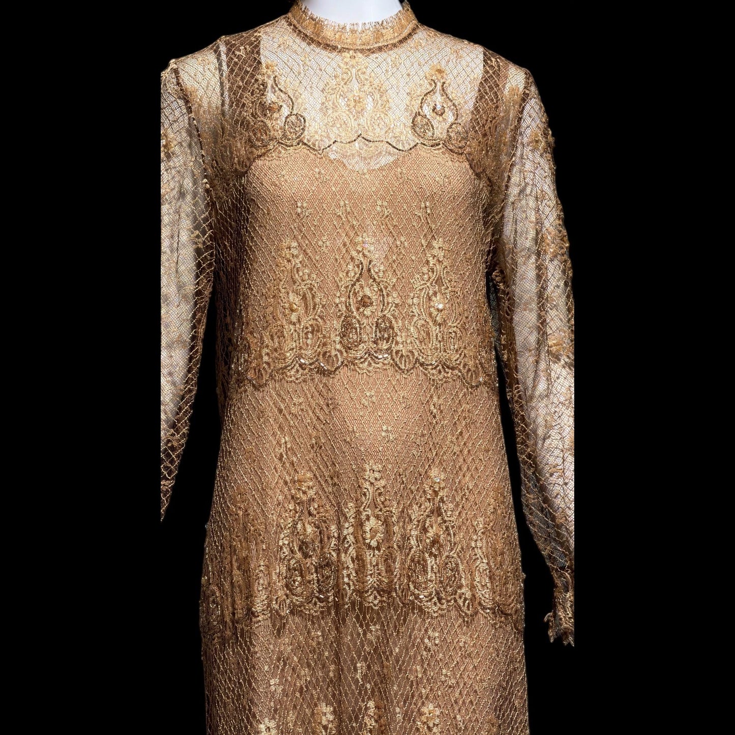 RINA di MONTELLA, vintage 1970s evening cocktail dress, silk lace high neck sequins beads