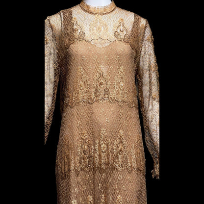 RINA di MONTELLA, vintage 1970s evening cocktail dress, silk lace high neck sequins beads