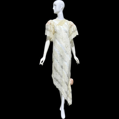 LORRIE KABALA Vintage 1980s wedding dress, white lace high neck sequins beads, removable sleeves & gloves