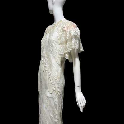 LORRIE KABALA Vintage 1980s wedding dress, white lace high neck sequins beads, removable sleeves & gloves