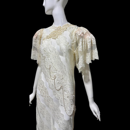 LORRIE KABALA Vintage 1980s wedding dress, white lace high neck sequins beads, removable sleeves & gloves