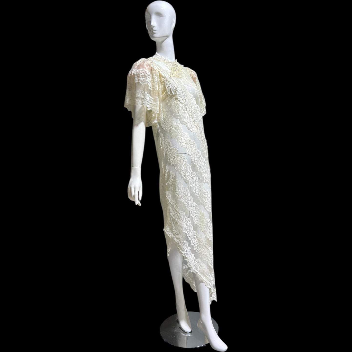 LORRIE KABALA Vintage 1980s wedding dress, white lace high neck sequins beads, removable sleeves & gloves