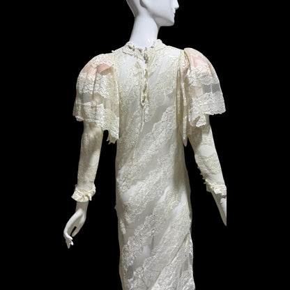 LORRIE KABALA Vintage 1980s wedding dress, white lace high neck sequins beads, removable sleeves & gloves