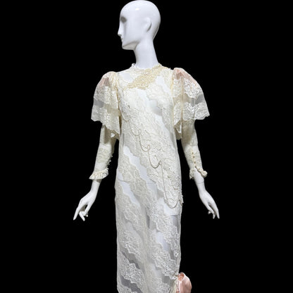 LORRIE KABALA Vintage 1980s wedding dress, white lace high neck sequins beads, removable sleeves & gloves