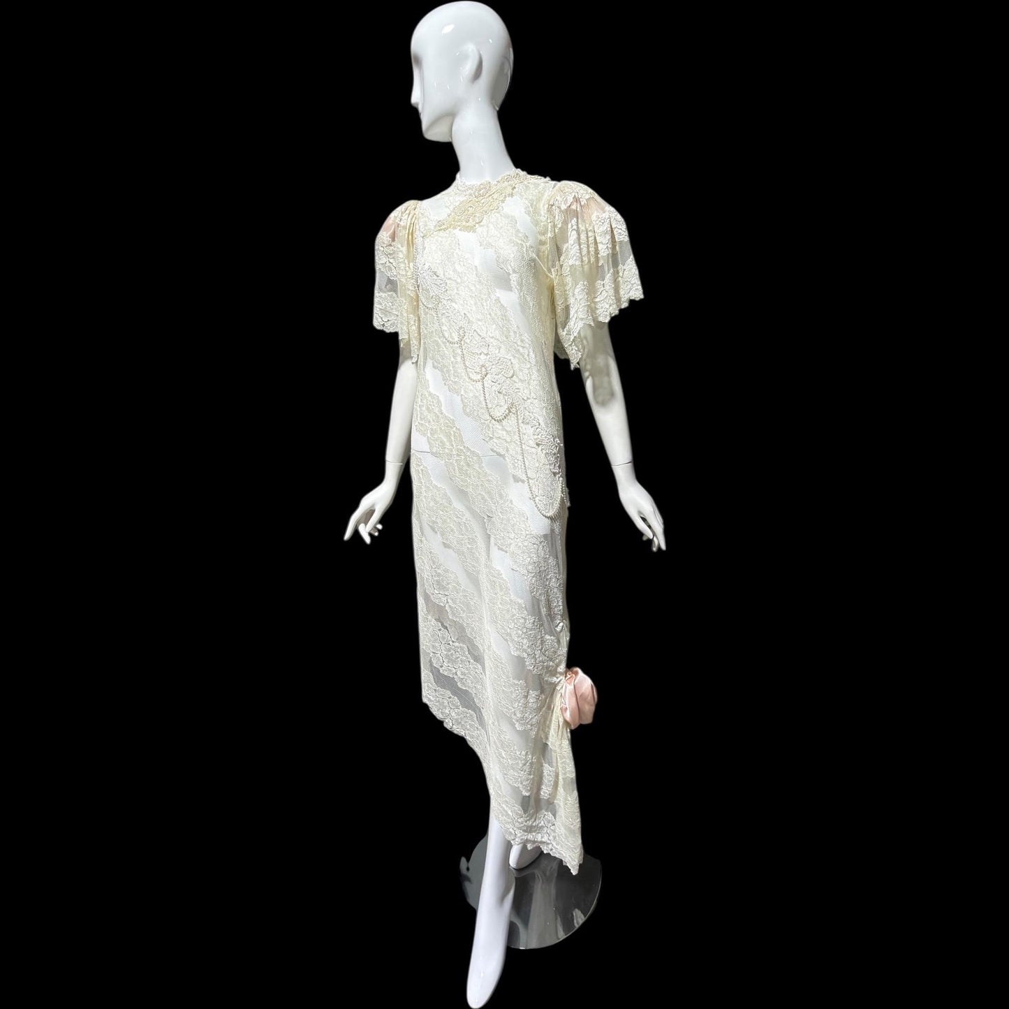 LORRIE KABALA Vintage 1980s wedding dress, white lace high neck sequins beads, removable sleeves & gloves
