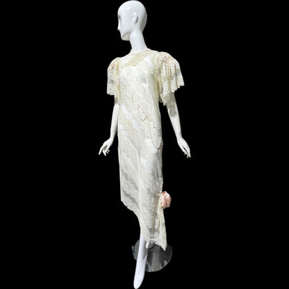 LORRIE KABALA Vintage 1980s wedding dress, white lace high neck sequins beads, removable sleeves & gloves