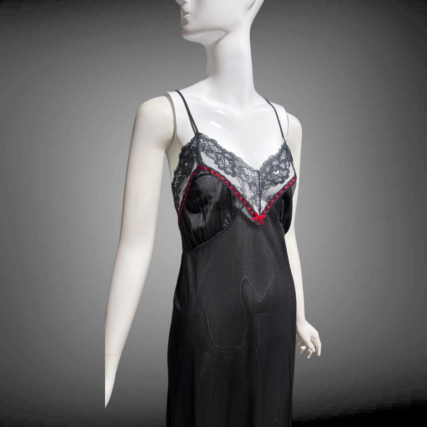 VELROSE vintage nightgown slip dress, 1970s Black and Red nylon gown, New Old Stock