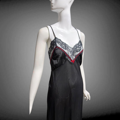 VELROSE vintage nightgown slip dress, 1970s Black and Red nylon gown, New Old Stock