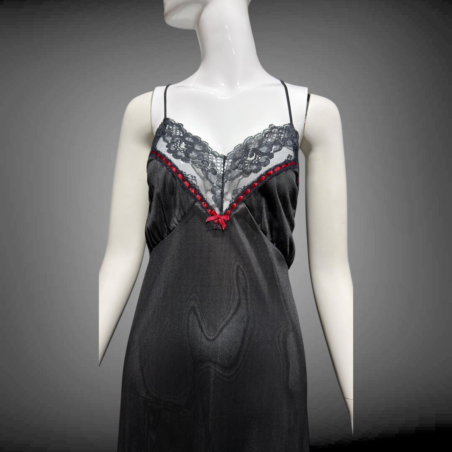VELROSE vintage nightgown slip dress, 1970s Black and Red nylon gown, New Old Stock