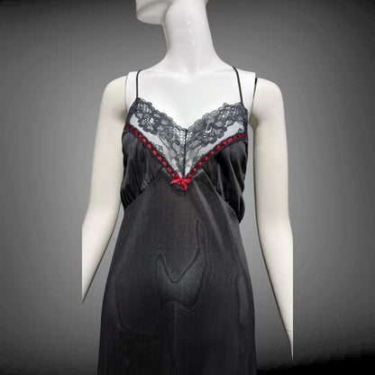 VELROSE vintage nightgown slip dress, 1970s Black and Red nylon gown, New Old Stock