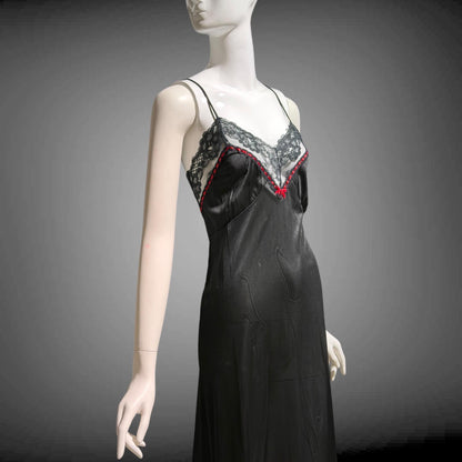 VELROSE vintage nightgown slip dress, 1970s Black and Red nylon gown, New Old Stock