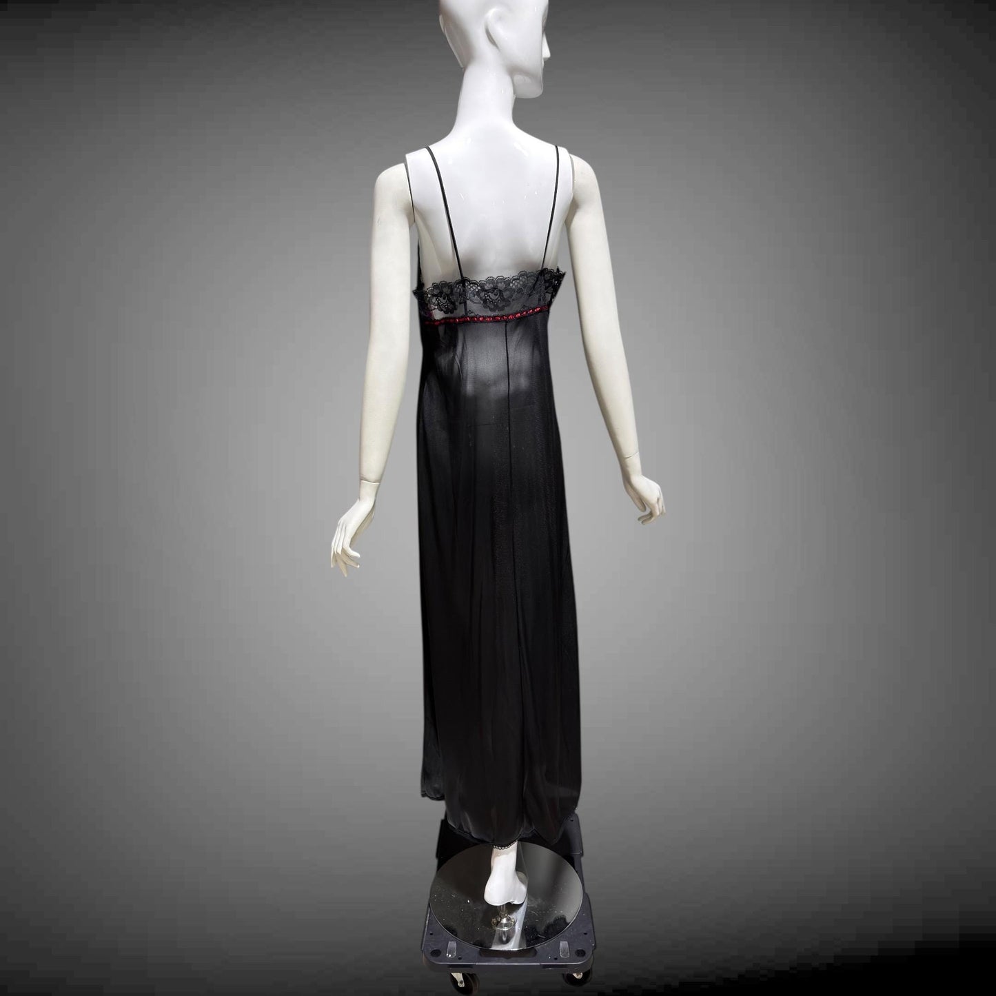 VELROSE vintage nightgown slip dress, 1970s Black and Red nylon gown, New Old Stock