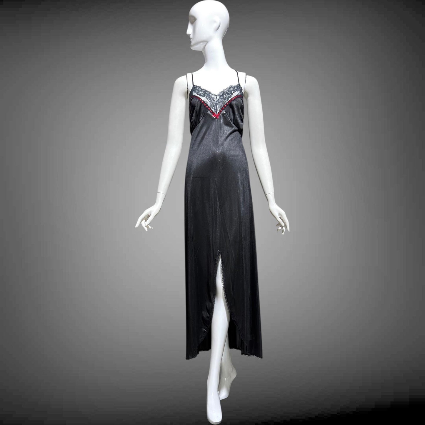 VELROSE vintage nightgown slip dress, 1970s Black and Red nylon gown, New Old Stock