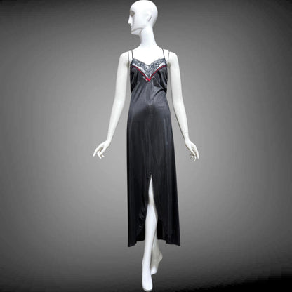 VELROSE vintage nightgown slip dress, 1970s Black and Red nylon gown, New Old Stock