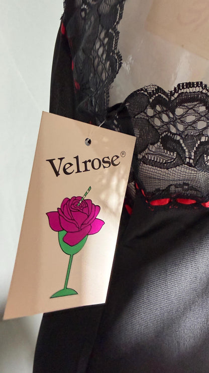 VELROSE vintage nightgown slip dress, 1970s Black and Red nylon gown, New Old Stock
