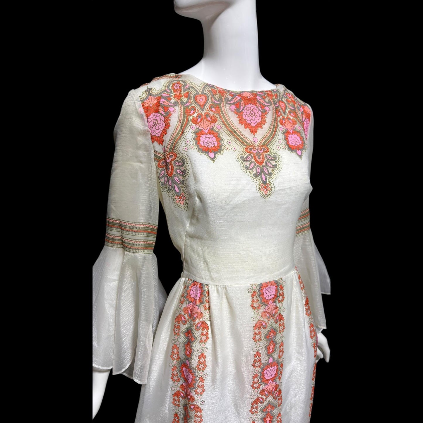 ALFRED SHAHEEN vintage 1970s maxi dress, hand screen print floral Hawaiian wedding dress