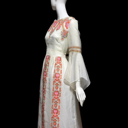 ALFRED SHAHEEN vintage 1970s maxi dress, hand screen print floral Hawaiian wedding dress