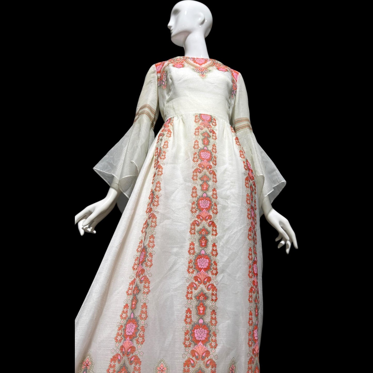ALFRED SHAHEEN vintage 1970s maxi dress, hand screen print floral Hawaiian wedding dress