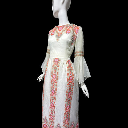 ALFRED SHAHEEN vintage 1970s maxi dress, hand screen print floral Hawaiian wedding dress