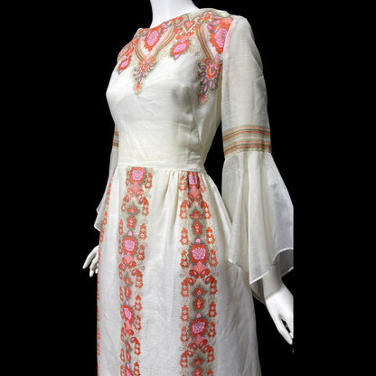 ALFRED SHAHEEN vintage 1970s maxi dress, hand screen print floral Hawaiian wedding dress