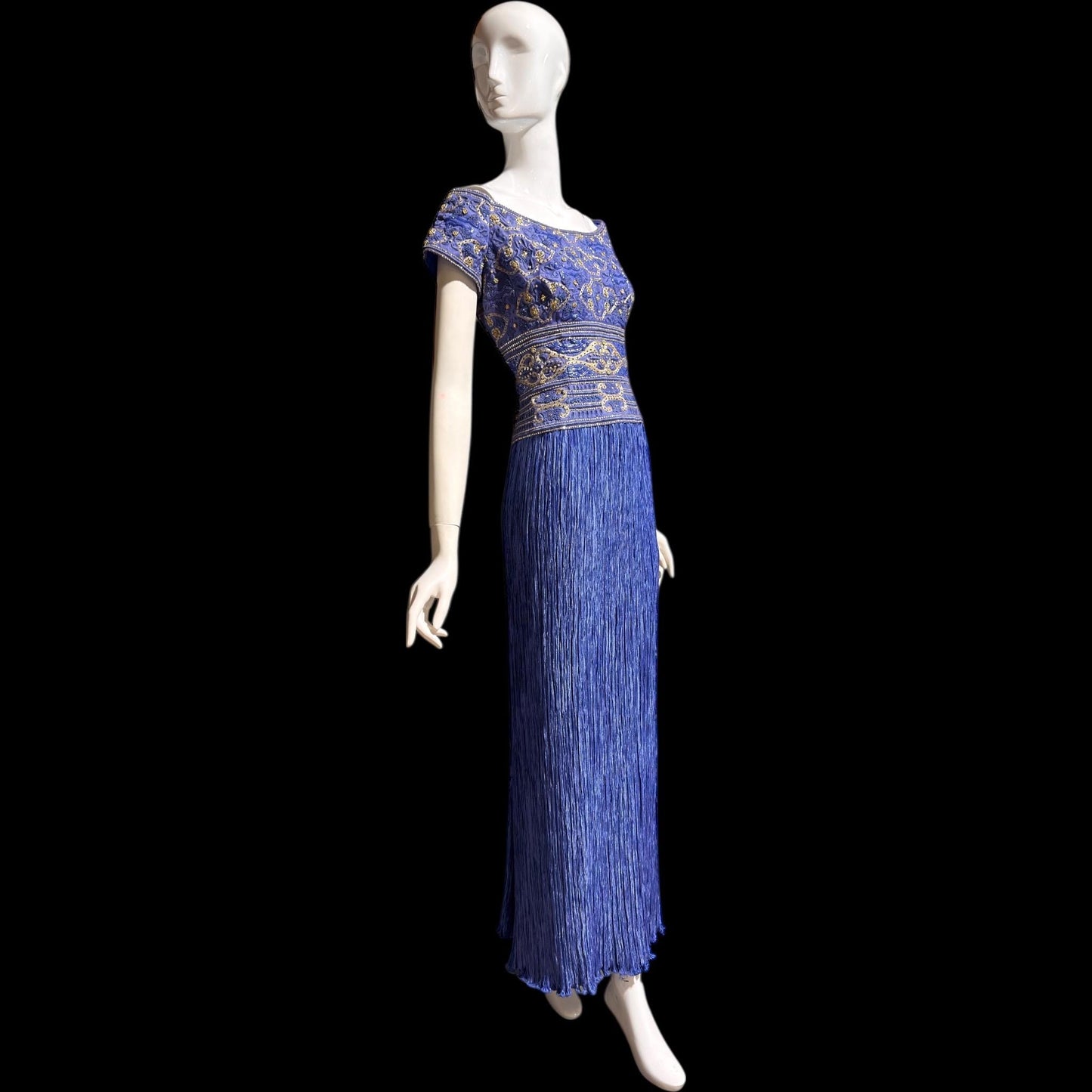 MARY MCFADDEN COUTURE vintage evening dress gown, 1980s royal blue beaded plisse gown