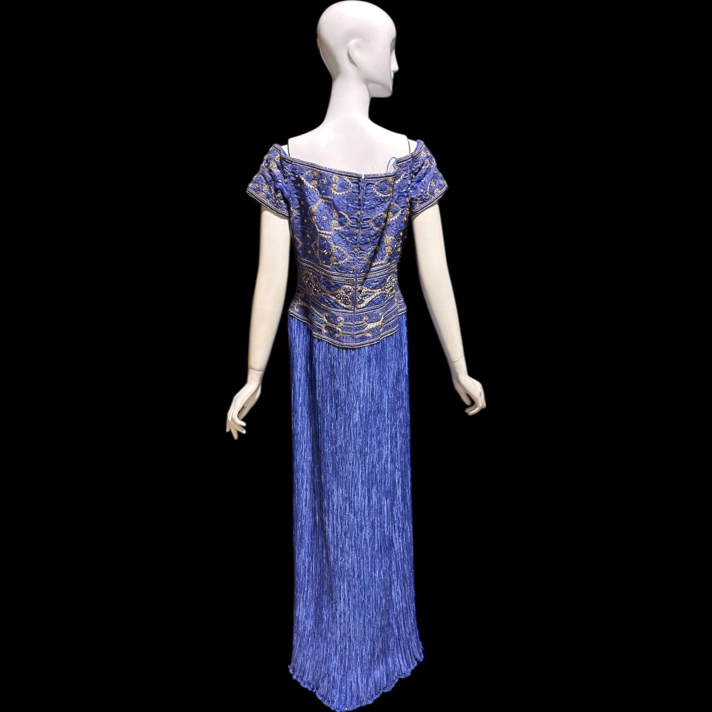 MARY MCFADDEN COUTURE vintage evening dress gown, 1980s royal blue beaded plisse gown