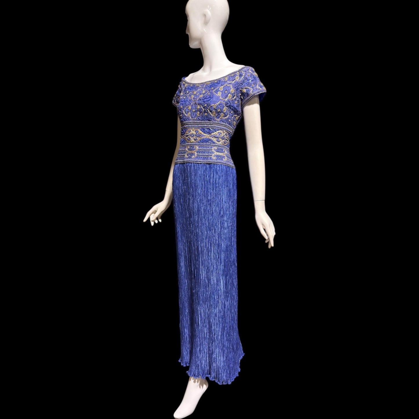 MARY MCFADDEN COUTURE vintage evening dress gown, 1980s royal blue beaded plisse gown