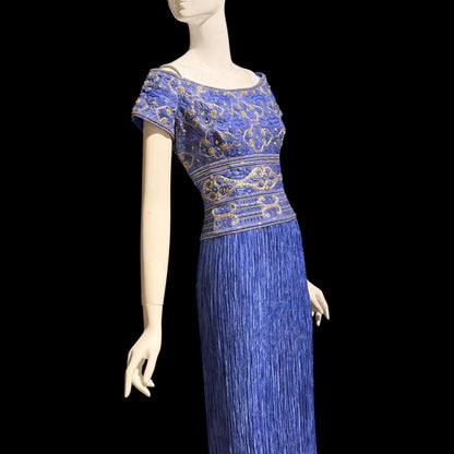 MARY MCFADDEN COUTURE vintage evening dress gown, 1980s royal blue beaded plisse gown