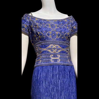 MARY MCFADDEN COUTURE vintage evening dress gown, 1980s royal blue beaded plisse gown