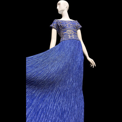 MARY MCFADDEN COUTURE vintage evening dress gown, 1980s royal blue beaded plisse gown