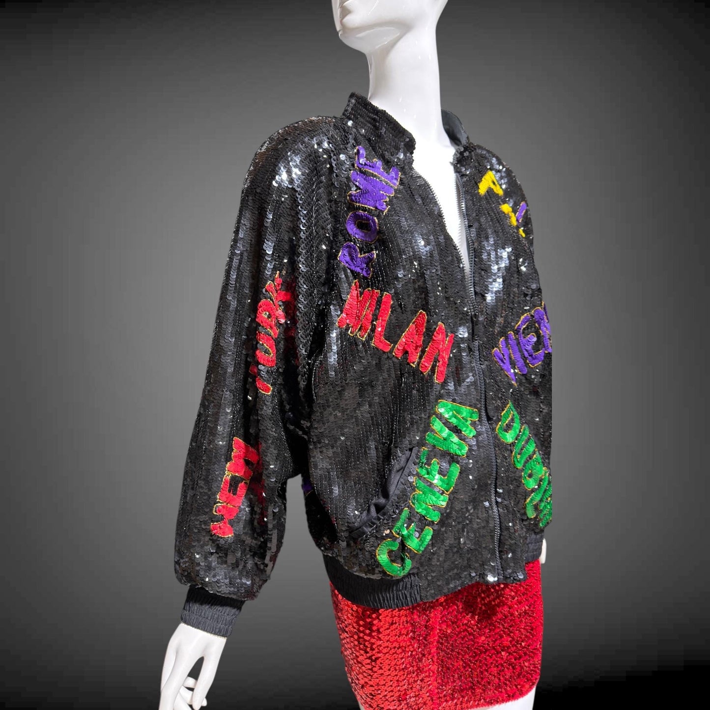 1980s vintage bomber jacket, World Traveler black sequin coat, Large