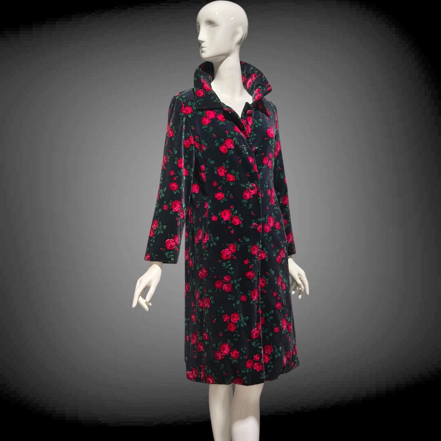 TOWN & COUNTRY vintage 1960s evening coat, black velvet rose print midi coat
