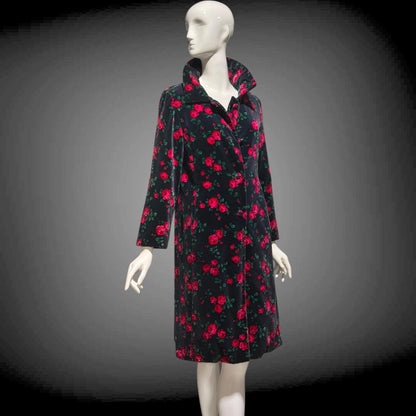 TOWN & COUNTRY vintage 1960s evening coat, black velvet rose print midi coat