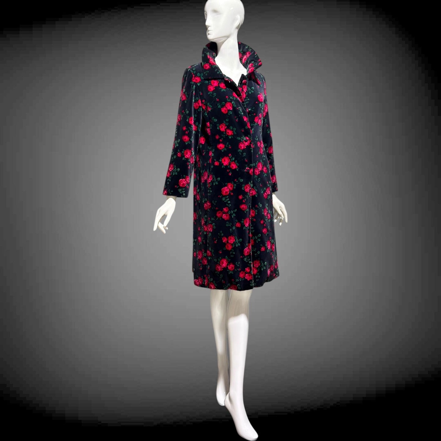 TOWN & COUNTRY vintage 1960s evening coat, black velvet rose print midi coat