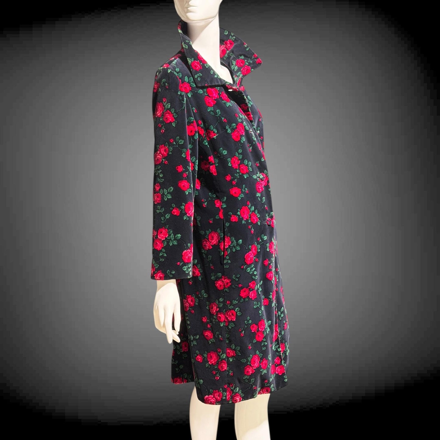 TOWN & COUNTRY vintage 1960s evening coat, black velvet rose print midi coat